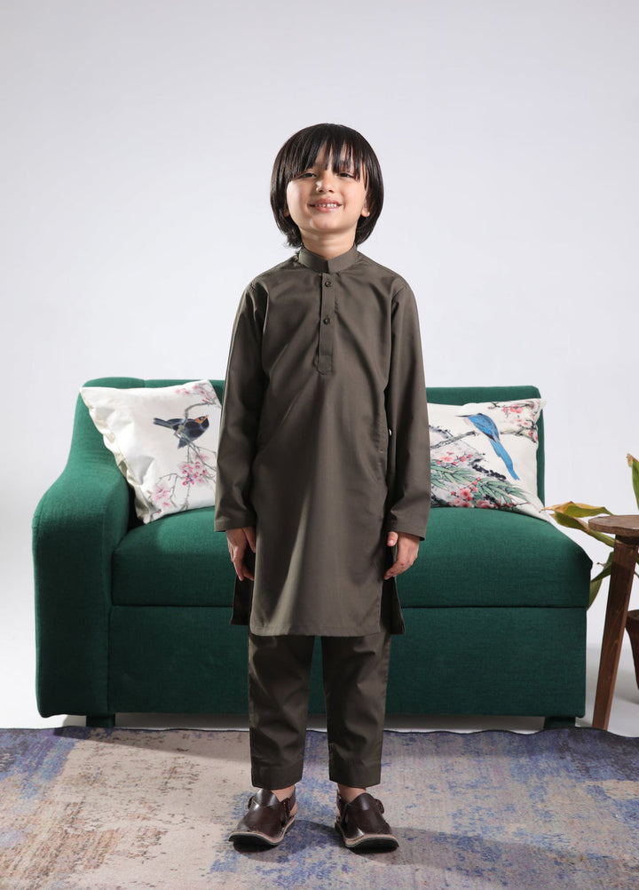 Muraqsh Ready To Wear Solids Cotton Boys Olive Green Blended Kurta Trouser MUR-OGKT - Summer Collection