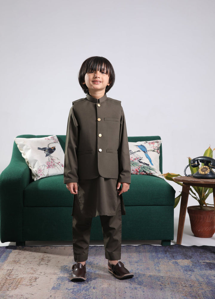 Muraqsh Ready To Wear Solids Cotton Boys Olive Green Kurta Trouser with Blended Waistcoat Round Cut Buttoned MUR-OGKTW - Summer Collection