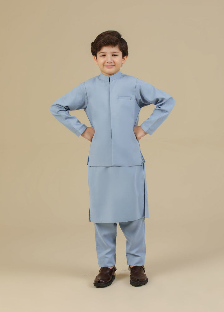 Muraqsh Ready To Wear Solids Cotton Boys Sapphire Blue Kurta Trouser with Blended Waistcoat MUR-PBKTW - Summer Collection
