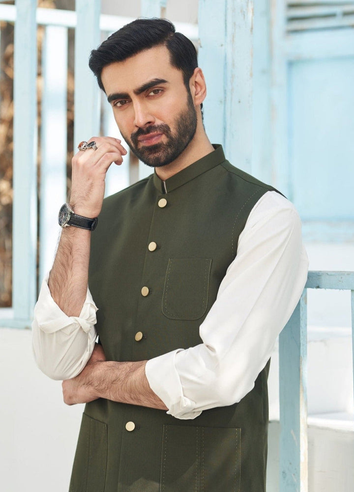 Muraqsh Ready To Wear Solids Cotton Men Army Green Suiting Waistcoat Round Cut MUR-AGW - Summer Collection