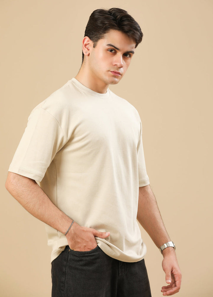Muraqsh Ready To Wear Solids Cotton Men Beige Interlock Oversized Tee ABD-BGOT - Summer Collection