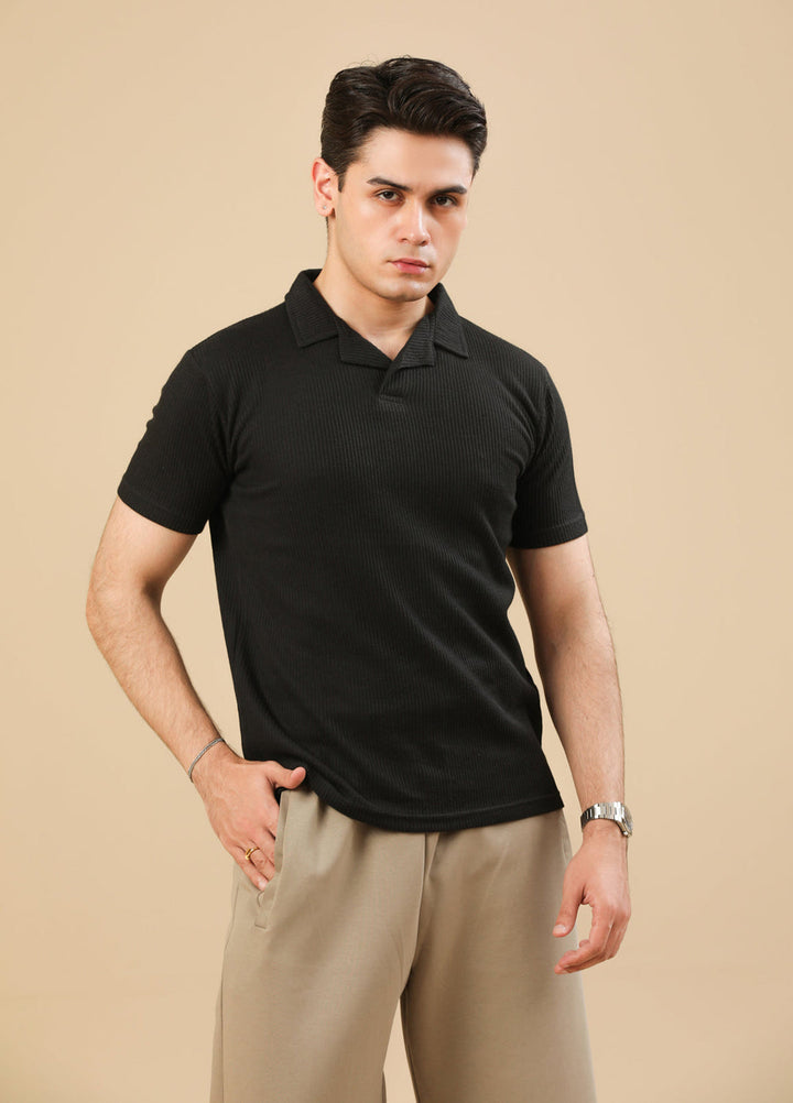 Muraqsh Ready To Wear Solids Cotton Men Black Drop Needle Revere Polo ABD-BDNRP - Summer Collection