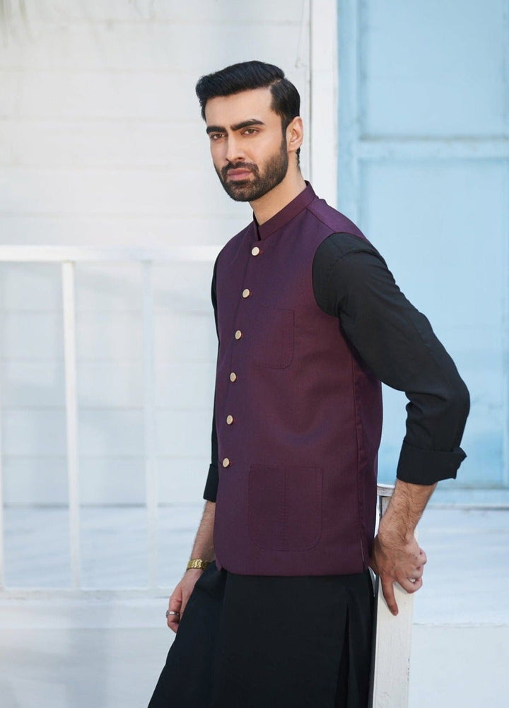 Muraqsh Ready To Wear Solids Cotton Men Black Kameez Shalwar with Burgundy Suiting Waistcoat Round Cut MURP-BW-KS - Summer Collection