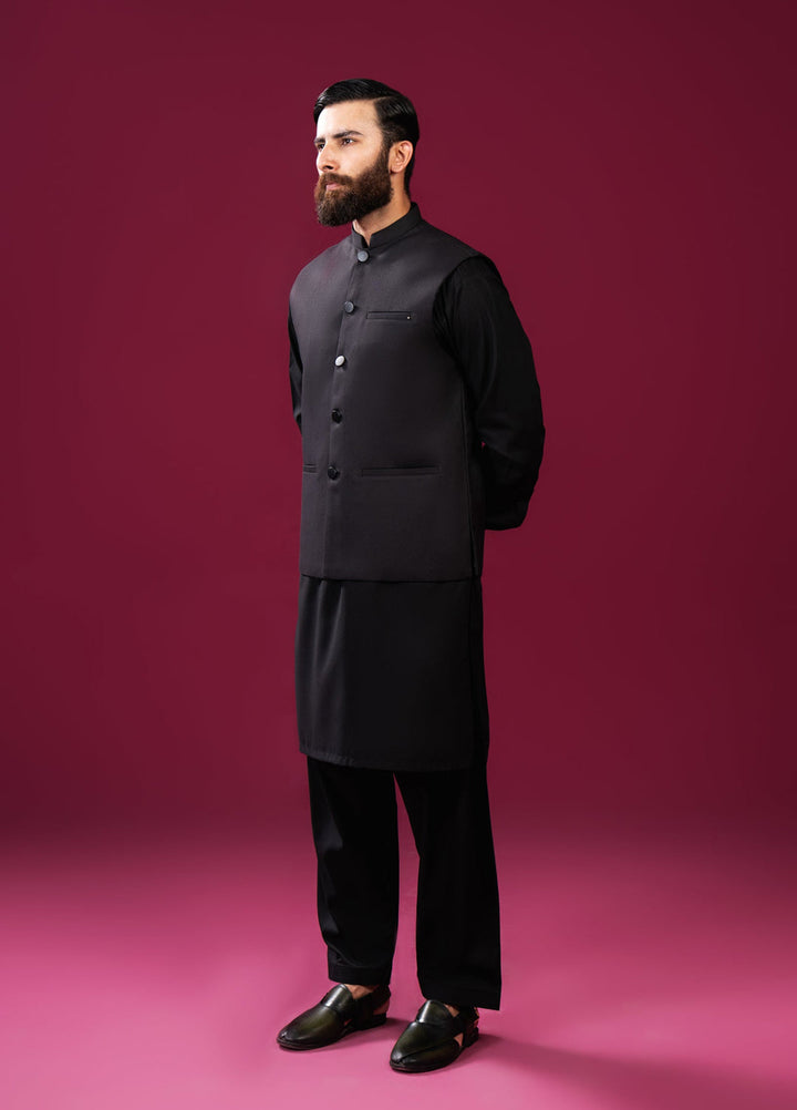 Muraqsh Ready To Wear Solids Cotton Men Black Kameez Shalwar with Suiting Waistcoat Straight Cut MUR-BKSWS-KT - Summer Collection