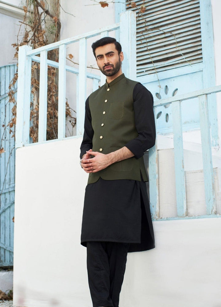 Muraqsh Ready To Wear Solids Cotton Men Black Kurta Trouser with Army Green Suiting Waistcoat Round Cut MURP-AG-KS - Summer Collection