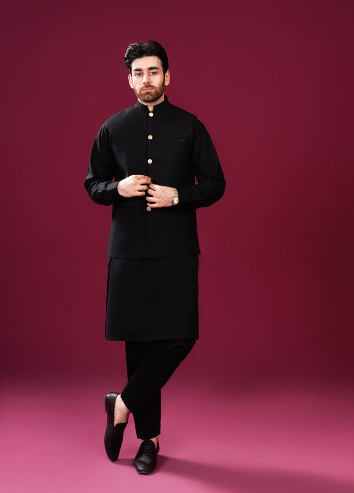 Muraqsh Ready To Wear Solids Cotton Men Black Kurta Trouser with Blended Waistcoat Straight Cut MUR-BKTWB - Summer Collection