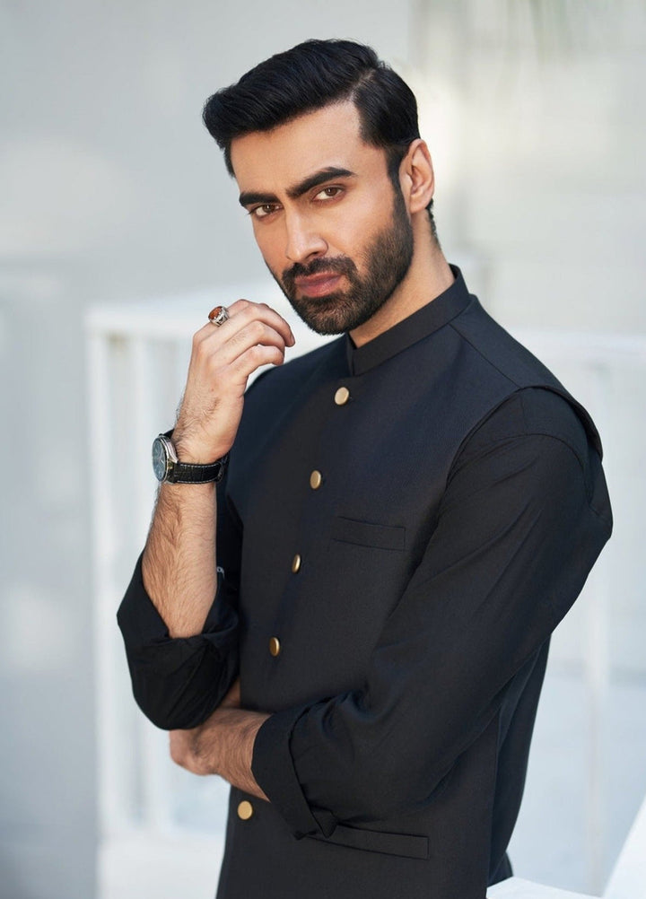 Muraqsh Ready To Wear Solids Cotton Men Black Kurta Trouser with Suiting Waistcoat Round Cut MUR-ABP-KS - Summer Collection