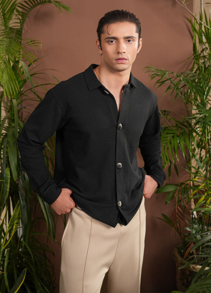 Muraqsh Ready To Wear Solids Cotton Men Black Polo Collar Cardigan ABD-BPCC - Winter Collection