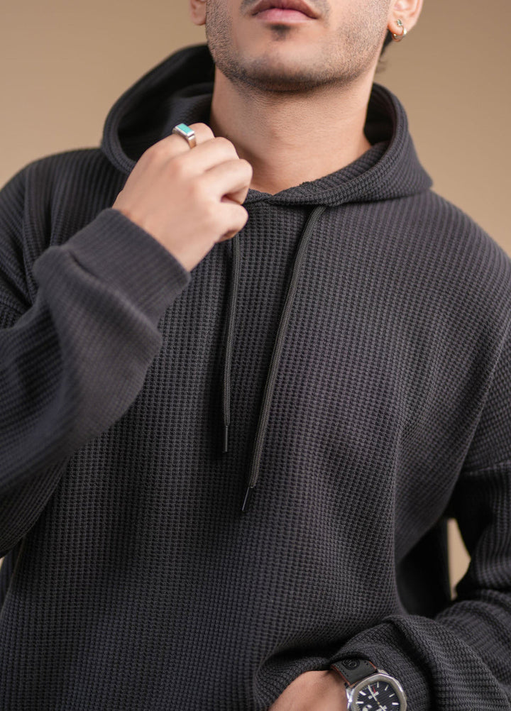 Muraqsh Ready To Wear Solids Cotton Men Black Waffle Pullover Hoodie Relaxed Fit  ABD-BWPH - Summer Collection