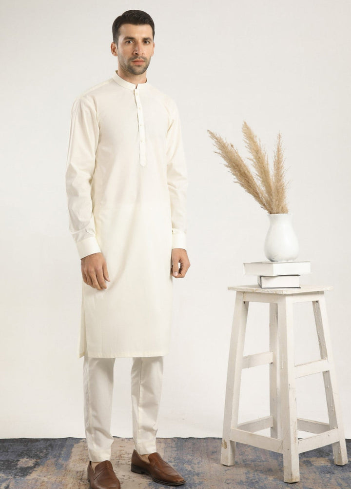 Muraqsh Ready To Wear Solids Cotton Men Bosky White Soft Cotton Kurta Trouser MUR-BWCKT - Summer Collection