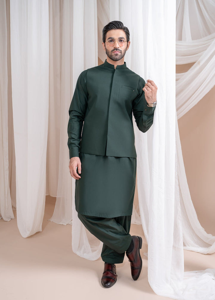 Muraqsh Ready To Wear Solids Cotton Men Bottle Green Luxury Formal Kameez Shalwar with Blended Waistcoat Straight Cut MUR-BGLFK - Summer Collection