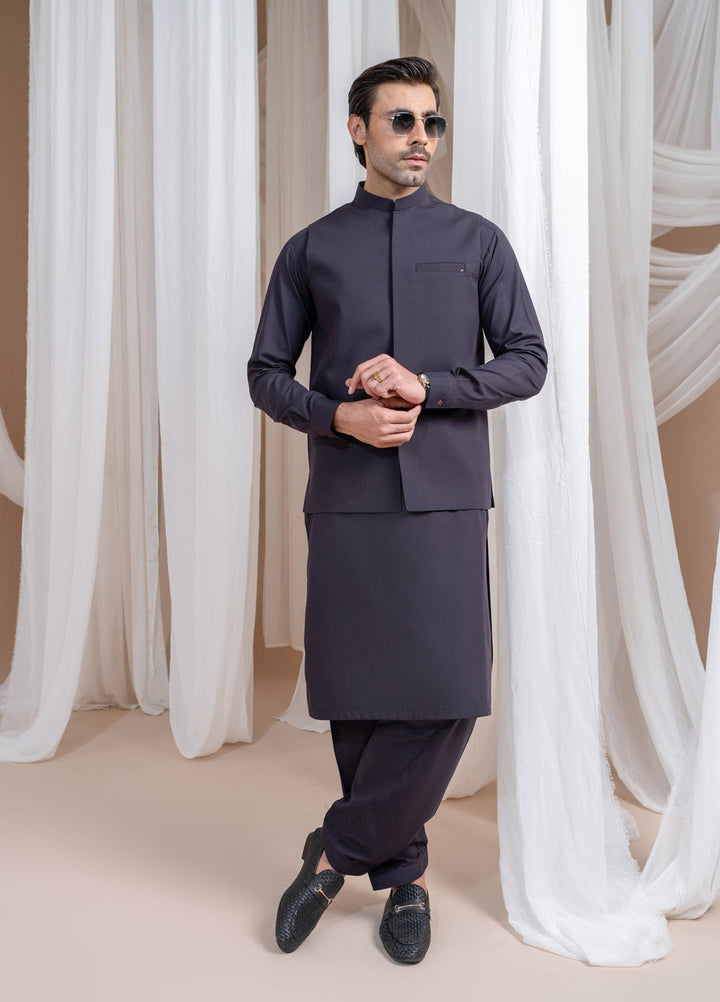 Muraqsh Ready To Wear Solids Cotton Men Burgundy Luxury Formal Kameez Shalwar with Blended Waistcoat Straight Cut MUR-BLFKS - Summer Collection