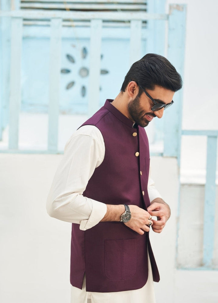 Muraqsh Ready To Wear Solids Cotton Men Burgundy Suiting Waistcoat Round Cut MUR-BW - Summer Collection