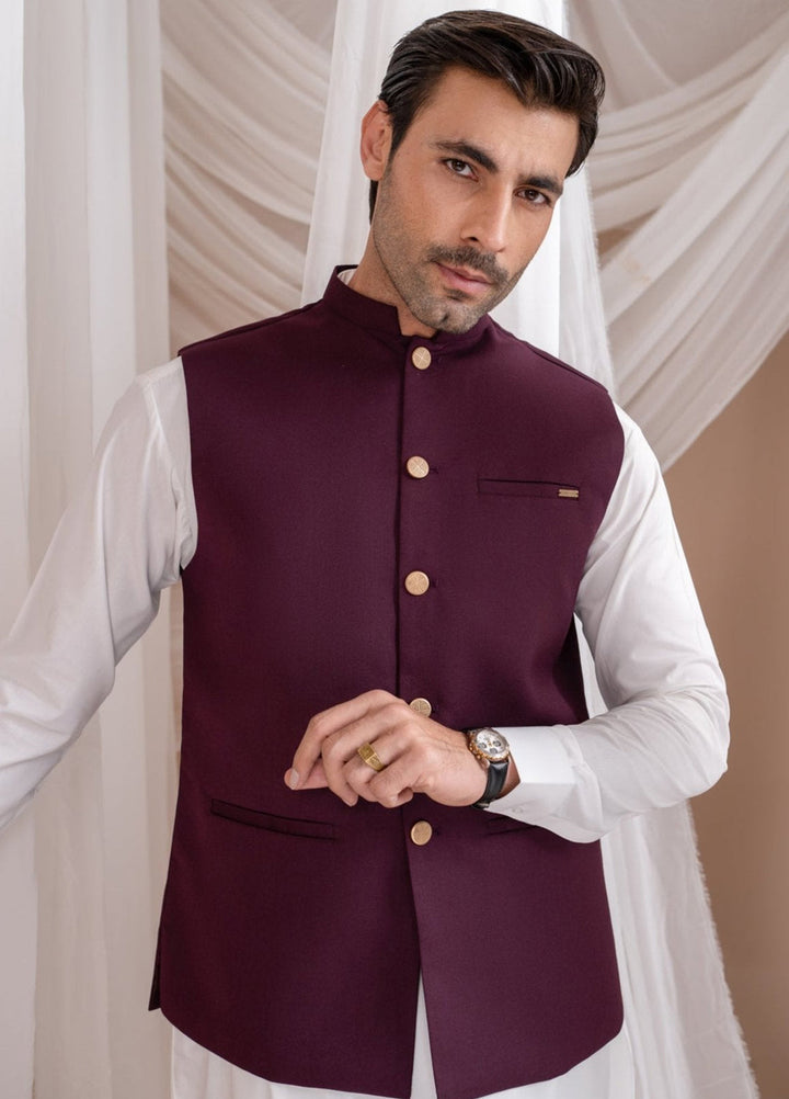 Muraqsh Ready To Wear Solids Cotton Men Burgundy Suiting Waistcoat Straight Cut Buttoned MUR-BSW - Summer Collection