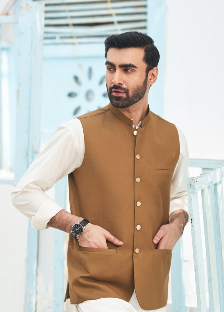 Muraqsh Ready To Wear Solids Cotton Men Camel Suiting Waistcoat Round Cut MUR-CW - Summer Collection