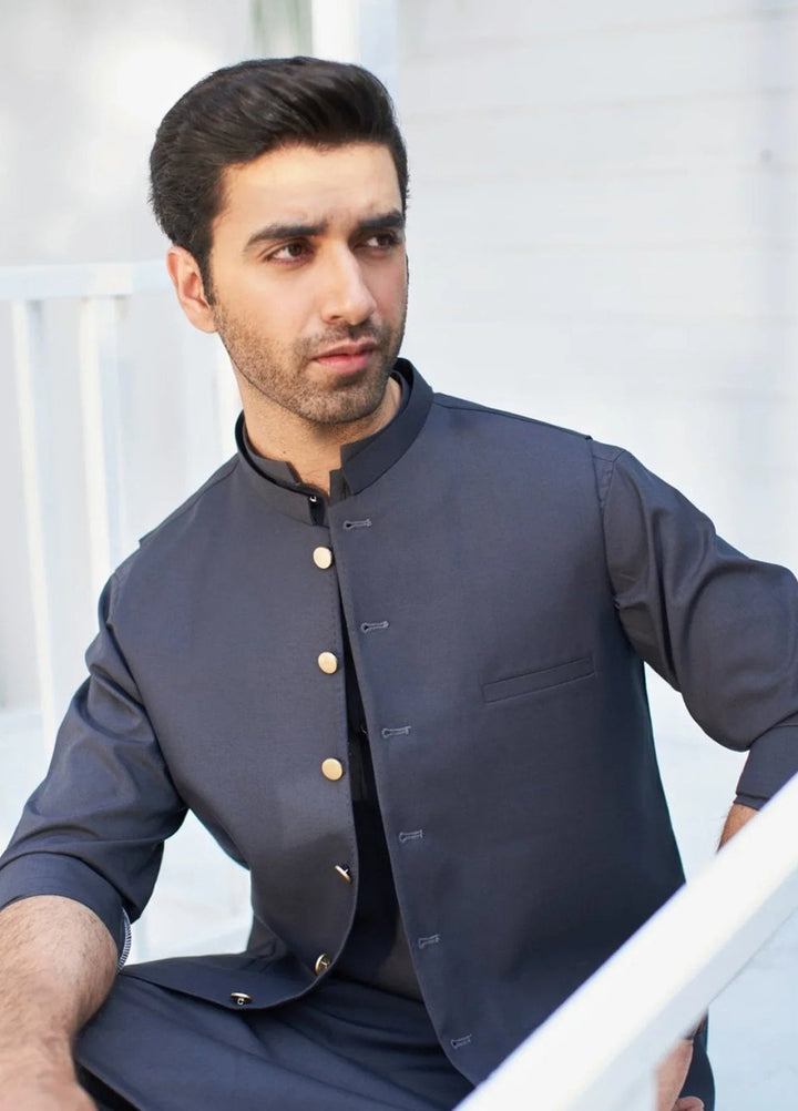 Muraqsh Ready To Wear Solids Cotton Men Charcoal Grey Suiting Waistcoat Round Cut MUR-GSW-R - Summer Collection