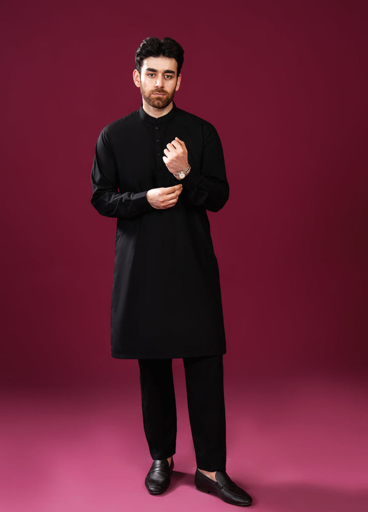 Muraqsh Ready To Wear Solids Cotton Men Crow Black Kurta Trouser/Shalwar MUR-CBKT-HL - Summer Collection