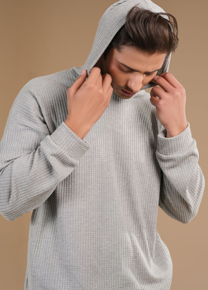 Muraqsh Ready To Wear Solids Cotton Men Grey Waffle Pullover Hoodie Relaxed Fit ABD-GWPH - Summer Collection