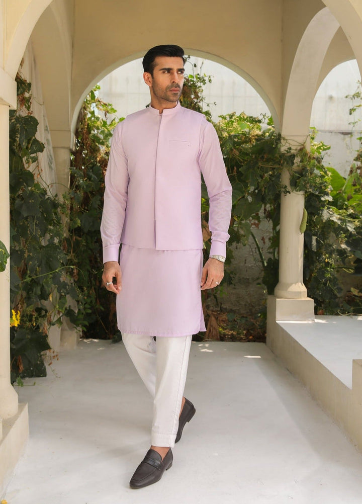Muraqsh Ready To Wear Solids Cotton Men Lilac Kurta Trouser with Blended Waistcoat MURKTWW - Summer Collection