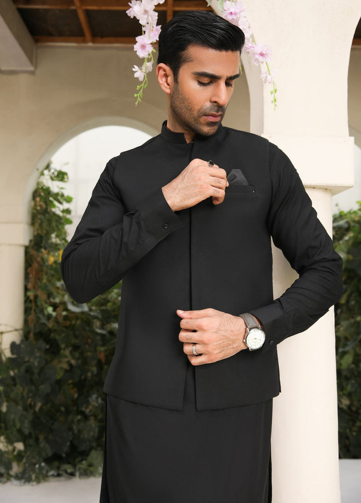 Muraqsh Ready To Wear Solids Cotton Men Midnight Black Kameez Shalwar with Blended Waistcoat MURBKSW - Summer Collection