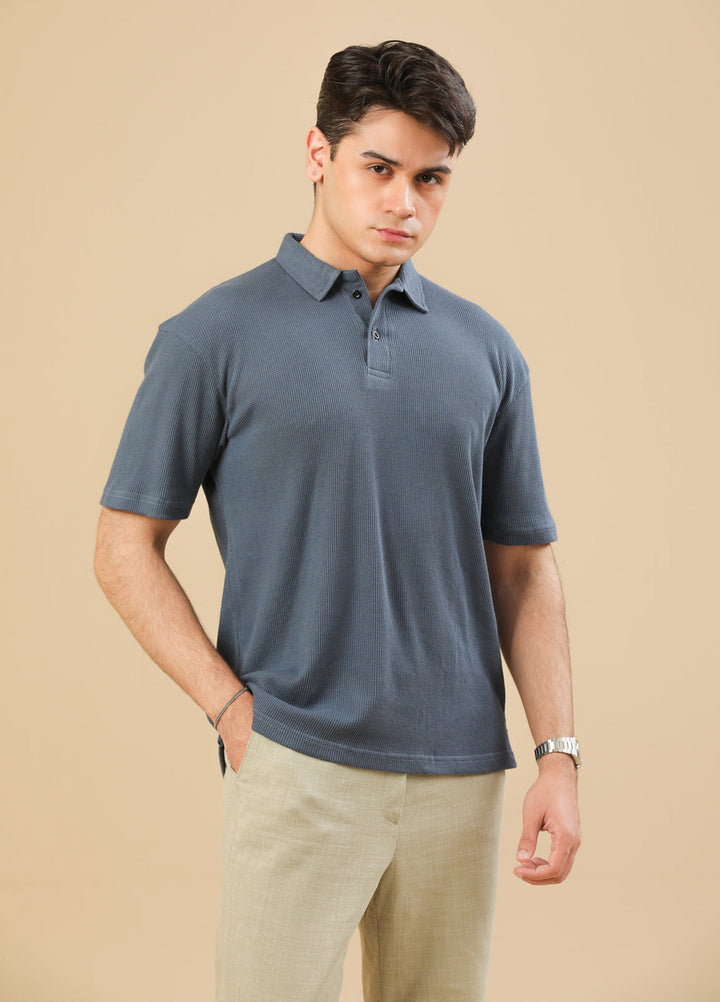 Muraqsh Ready To Wear Solids Cotton Men Midnight Blue Oversized Waffle Polo ABDDBOWP - Summer Collection