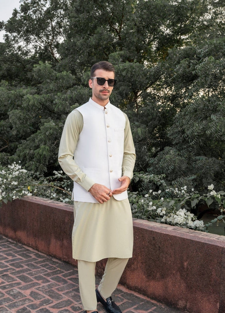 Muraqsh Ready To Wear Solids Cotton Men Mint Kameez Shalwar with Off White Suiting Waistcoat Round Cut MURW-KS - Summer Collection
