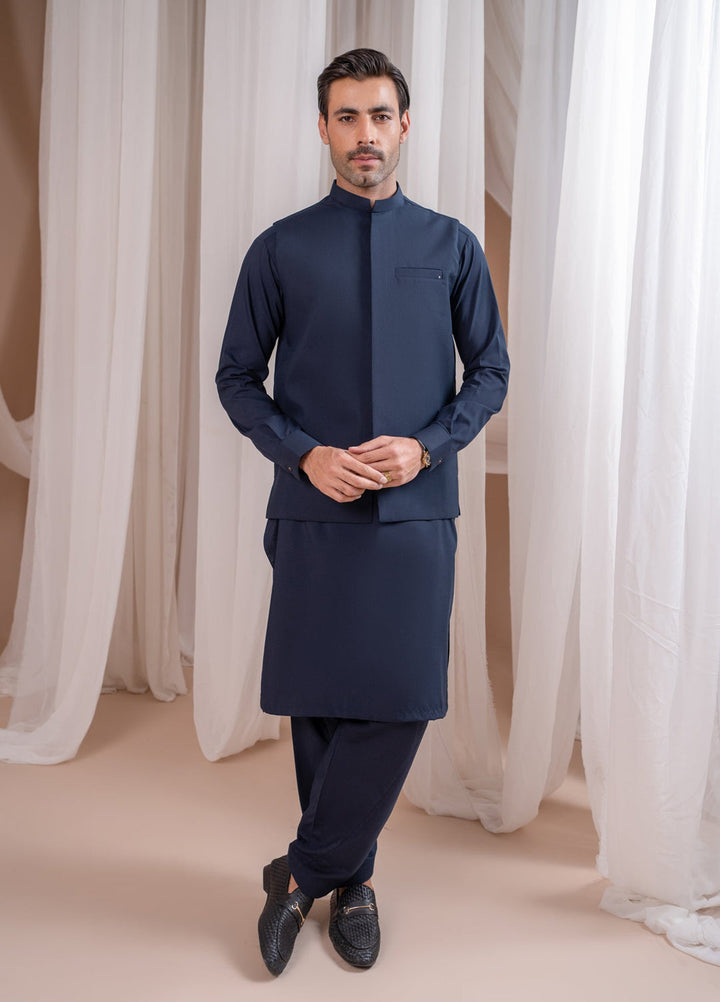 Muraqsh Ready To Wear Solids Cotton Men Navy Blue Formal Kameez Shalwar with Blended Waistcoat Straight Cut MUR-NBFKS - Summer Collection