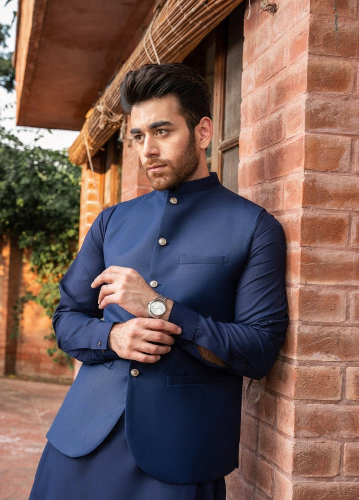 Muraqsh Ready To Wear Solids Cotton Men Navy Blue Suiting Waistcoat Round Cut MUR-NB - Summer Collection