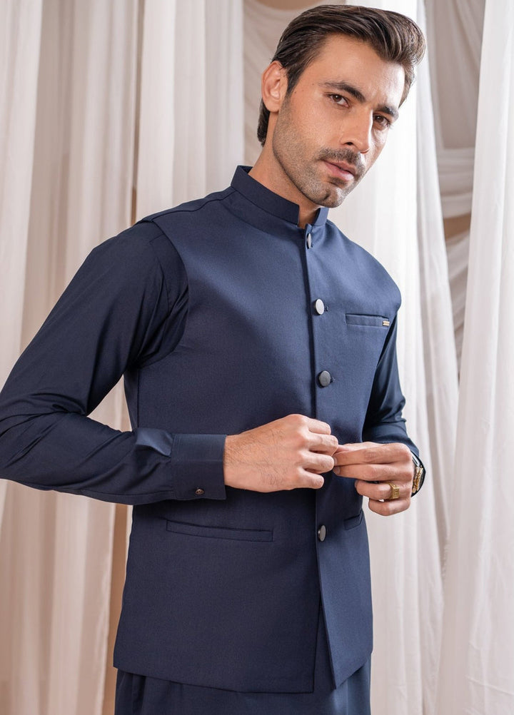 Muraqsh Ready To Wear Solids Cotton Men Navy Blue Suiting Waistcoat Straight Cut Buttoned MUR-NBSW - Summer Collection