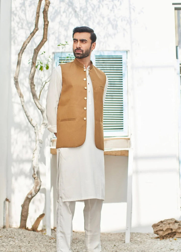Muraqsh Ready To Wear Solids Cotton Men Off White Kameez Shalwar with Camel Suiting Waistcoat Round Cut MUR-COW - Summer Collection