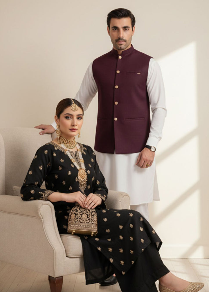 Muraqsh Ready To Wear Solids Cotton Men Off White Kurta Shalwar with Burgundy Suiting Waistcoat Straight Cut MUR-OWKSW-KT - Summer Collection