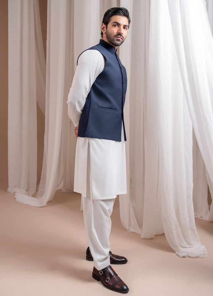 Muraqsh Ready To Wear Solids Cotton Men Off White Kurta Shalwar with Navy Blue Suiting Waistcoat Straight Cut MUR-OWKSW-KT - Summer Collection