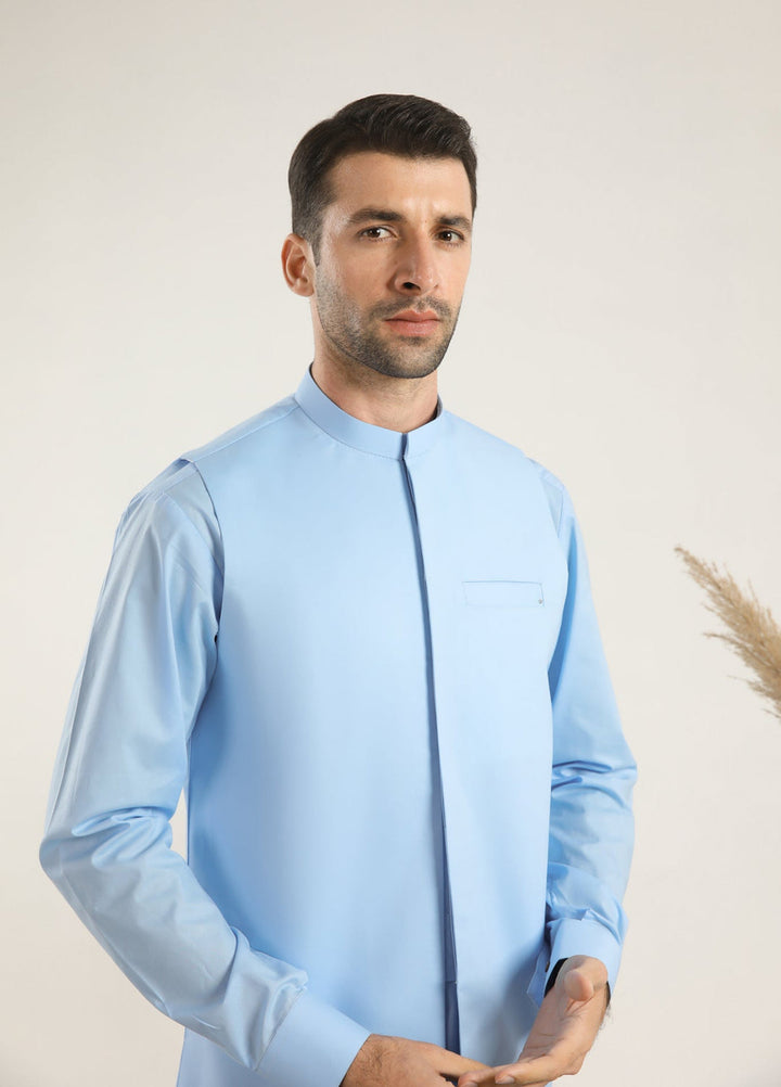 Muraqsh Ready To Wear Solids Cotton Men Off White Kurta Trouser with Navy Blue Suiting Waistcoat MURBSCW - Summer Collection