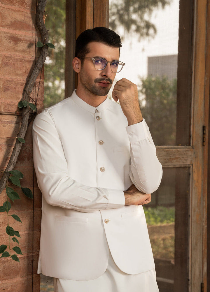 Muraqsh Ready To Wear Solids Cotton Men Off White Suiting Waistcoat Round Cut MURW - Summer Collection
