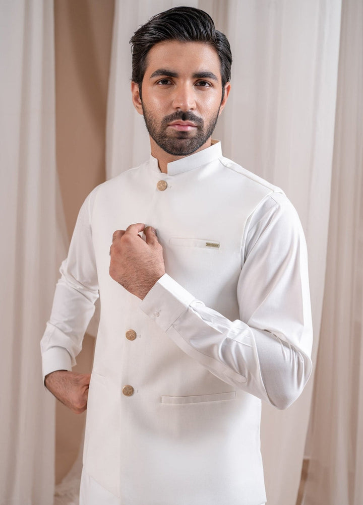 Muraqsh Ready To Wear Solids Cotton Men Off White Suiting Waistcoat Straight Cut Buttoned MUR-OWSW - Summer Collection