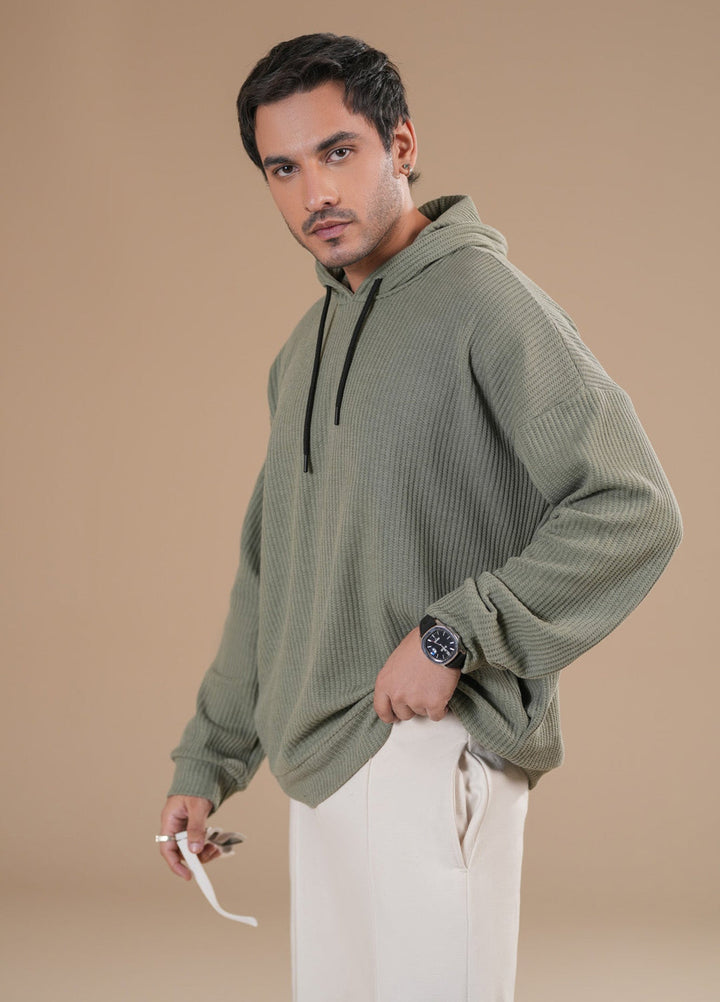Muraqsh Ready To Wear Solids Cotton Men Olive Waffle Pullover Hoodie Relaxed Fit ABD-OWPH - Summer Collection