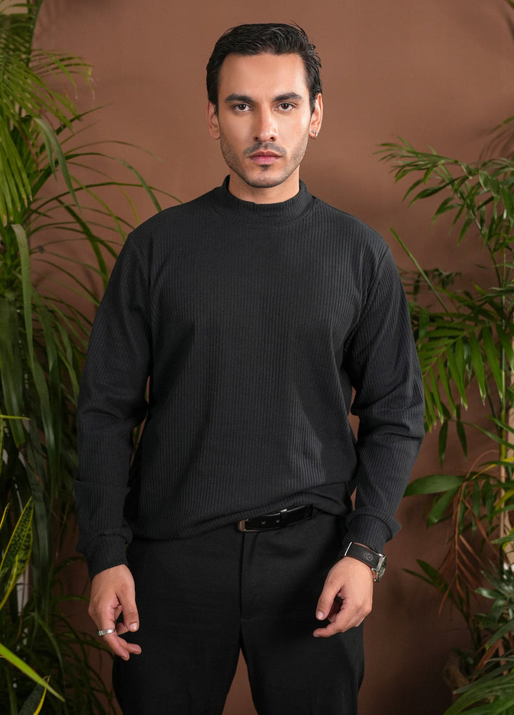 Muraqsh Ready To Wear Solids Cotton Men Ribbed Black Mock Neck Relaxed Fit ABD-BRMN - Summer Collection