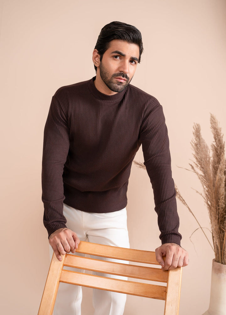Muraqsh Ready To Wear Solids Cotton Men Ribbed Brown Mock Neck Relaxed Fit ABD-RBMN - Summer Collection