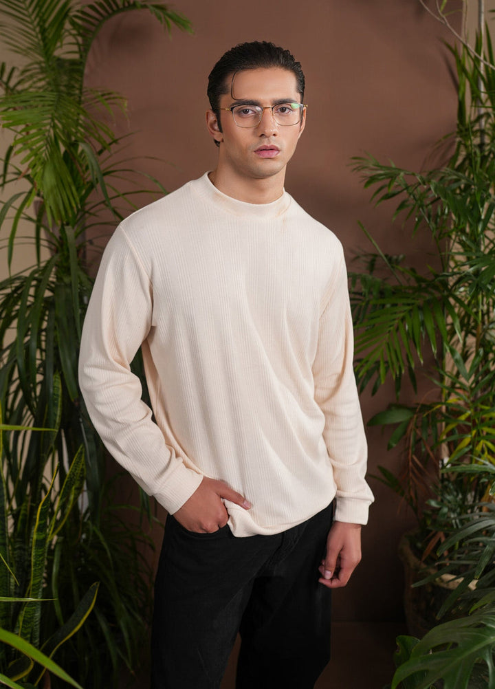 Muraqsh Ready To Wear Solids Cotton Men Ribbed White Mock Neck Relaxed Fit ABD-OWRMN - Summer Collection