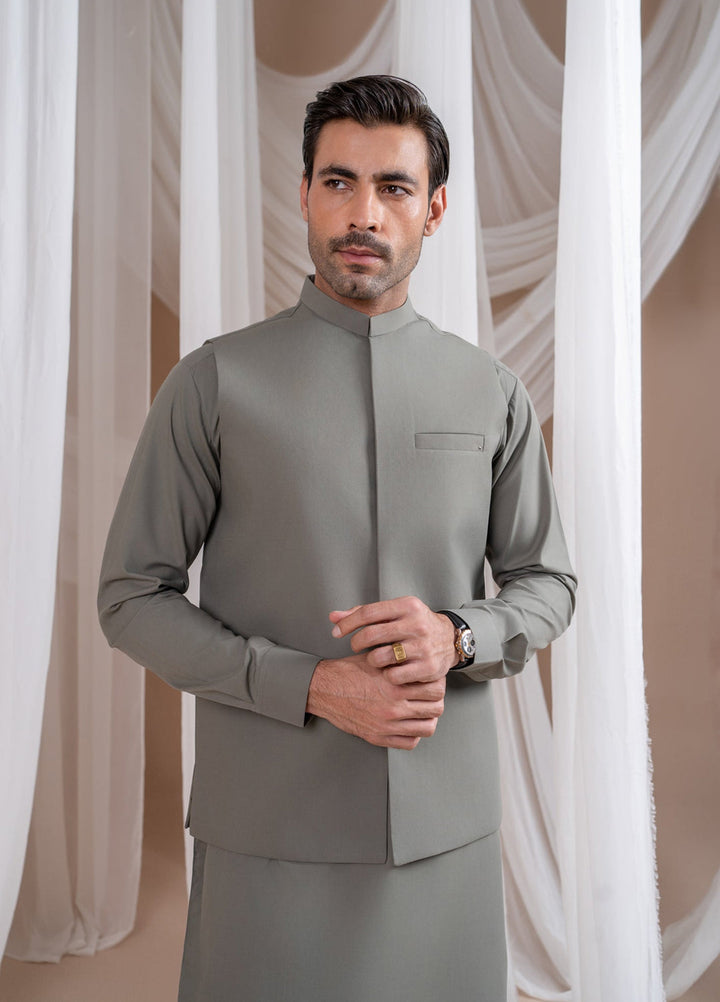 Muraqsh Ready To Wear Solids Cotton Men Sand Grey Luxury Blended Waistcoat Straigth Cut MURGLBW - Summer Collection