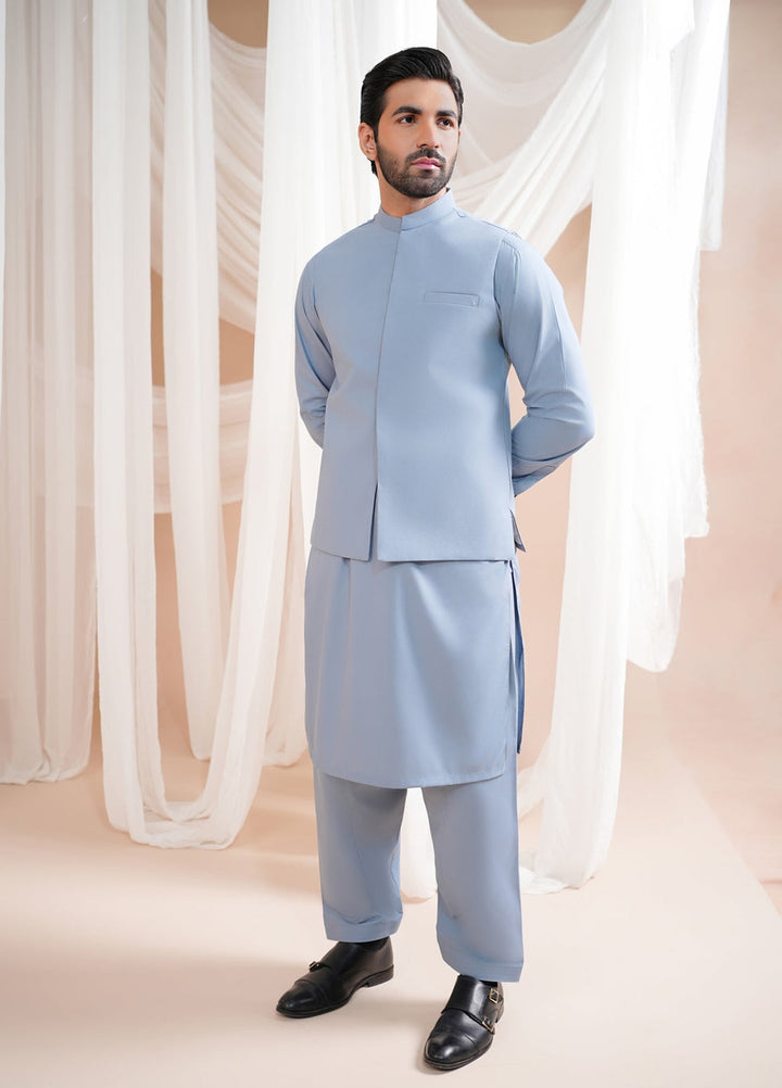 Muraqsh Ready To Wear Solids Cotton Men Sapphire Blue Luxury Blended Waistcoat Straigth Cut MURBLBW - Summer Collection