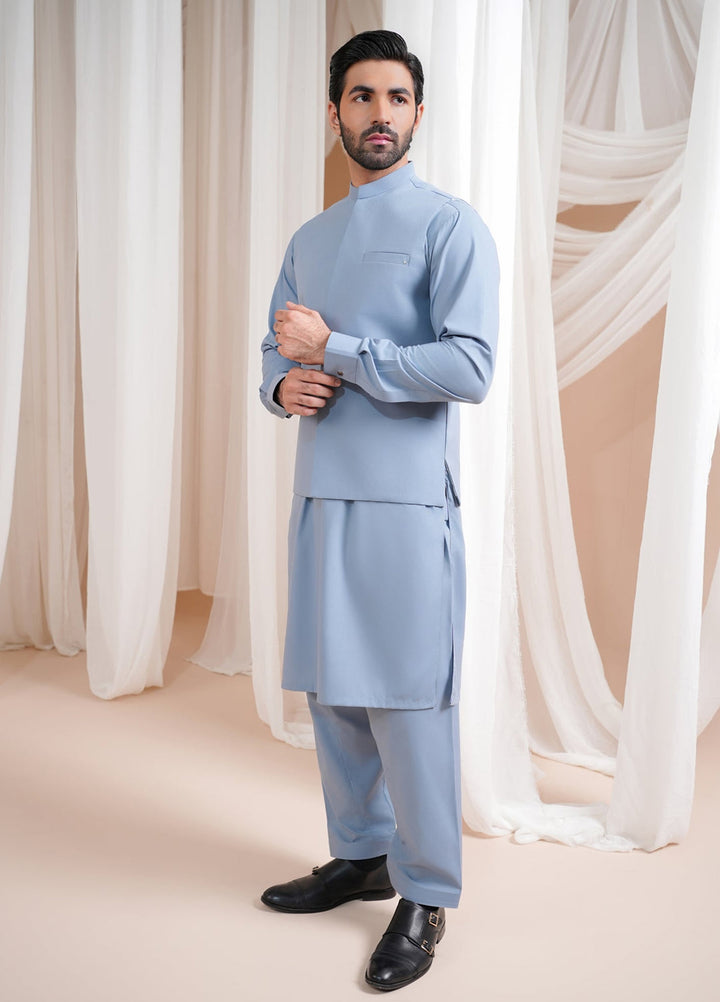 Muraqsh Ready To Wear Solids Cotton Men Sapphire Blue Luxury Formal Kameez Shalwar with Blended Waistcoat Straight Cut MURBLFK - Summer Collection