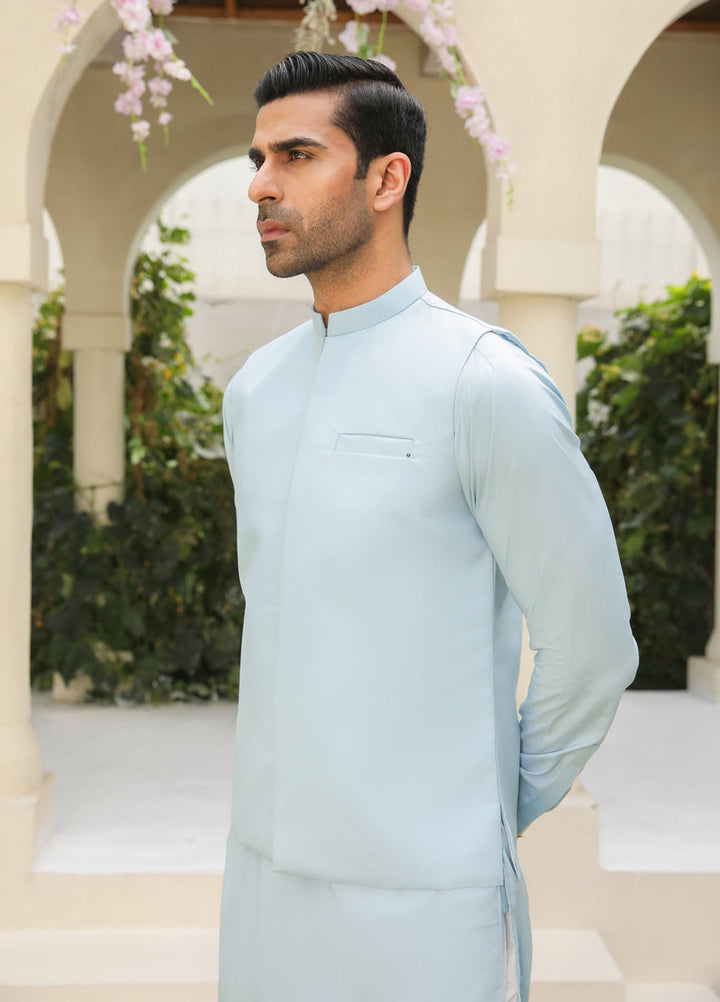 Muraqsh Ready To Wear Solids Cotton Men Sky Blue Blended Waistcoat Straigth Cut MURBKTW-WC - Summer Collection