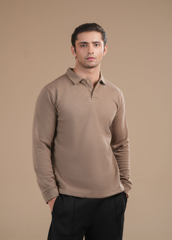 Muraqsh Ready To Wear Solids Fleece Men Beige Fleece Polo Full Sleeves ABD-BFP-F - Summer Collection