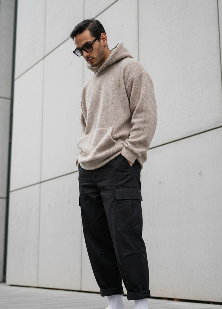 Muraqsh Ready To Wear Solids Fleece Men Beige Sherpa Hoodie Relaxed Fit ABD-BSH-R - Winter Collection