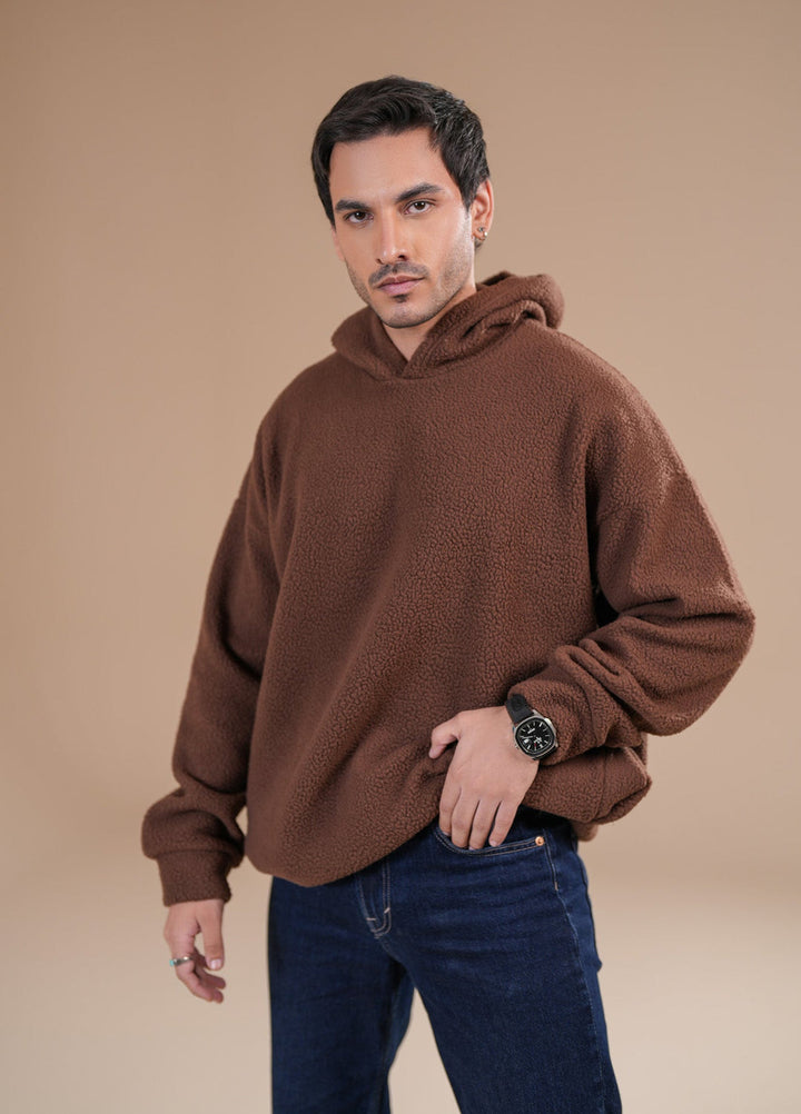 Muraqsh Ready To Wear Solids Fleece Men Brown Sherpa Hoodie Relaxed Fit ABD-BSH-R - Winter Collection