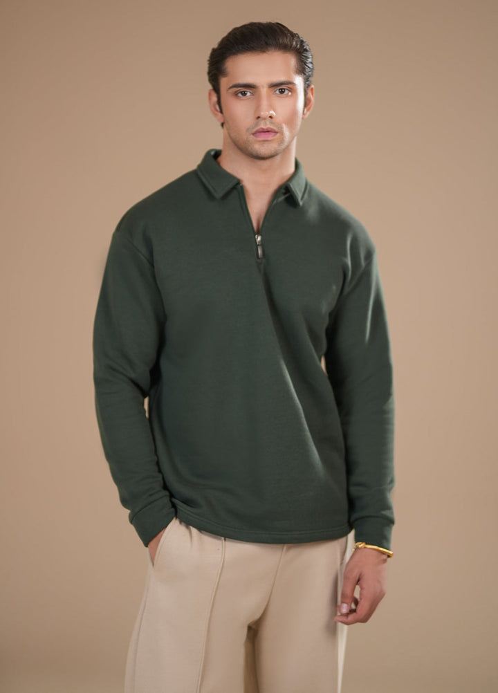 Muraqsh Ready To Wear Solids Fleece Men Deep Green Fleece Zipper Polo Full Sleeves ABD-DGFZP - Summer Collection