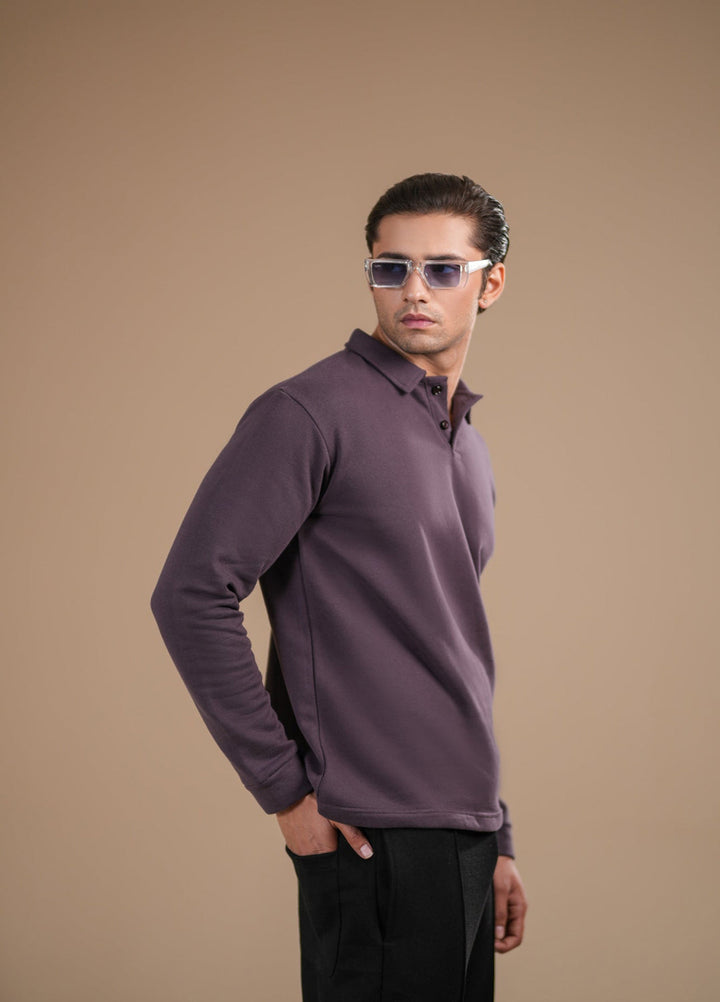 Muraqsh Ready To Wear Solids Fleece Men Deep Purple Fleece Polo Full Sleeves ABD-PFP-F - Summer Collection