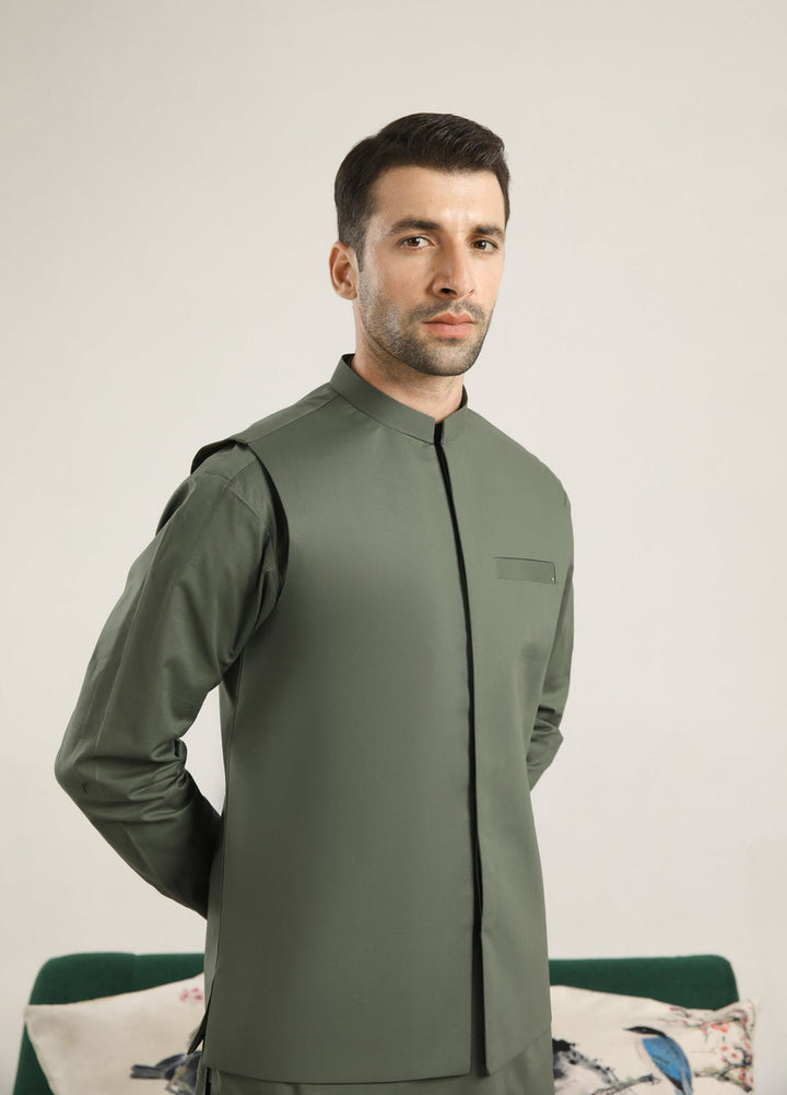 Muraqsh Ready To Wear Solids  Men Army Green Soft Cotton Waistcoat MUR-AGSCW - Summer Collection