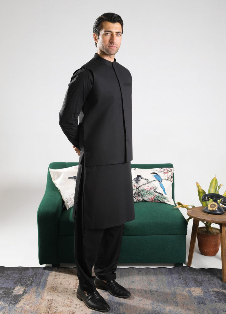 Muraqsh Ready To Wear Solids  Men Black Soft Cotton Kurta Shalwar with Waistcoat MUR-BCKS - Summer Collection